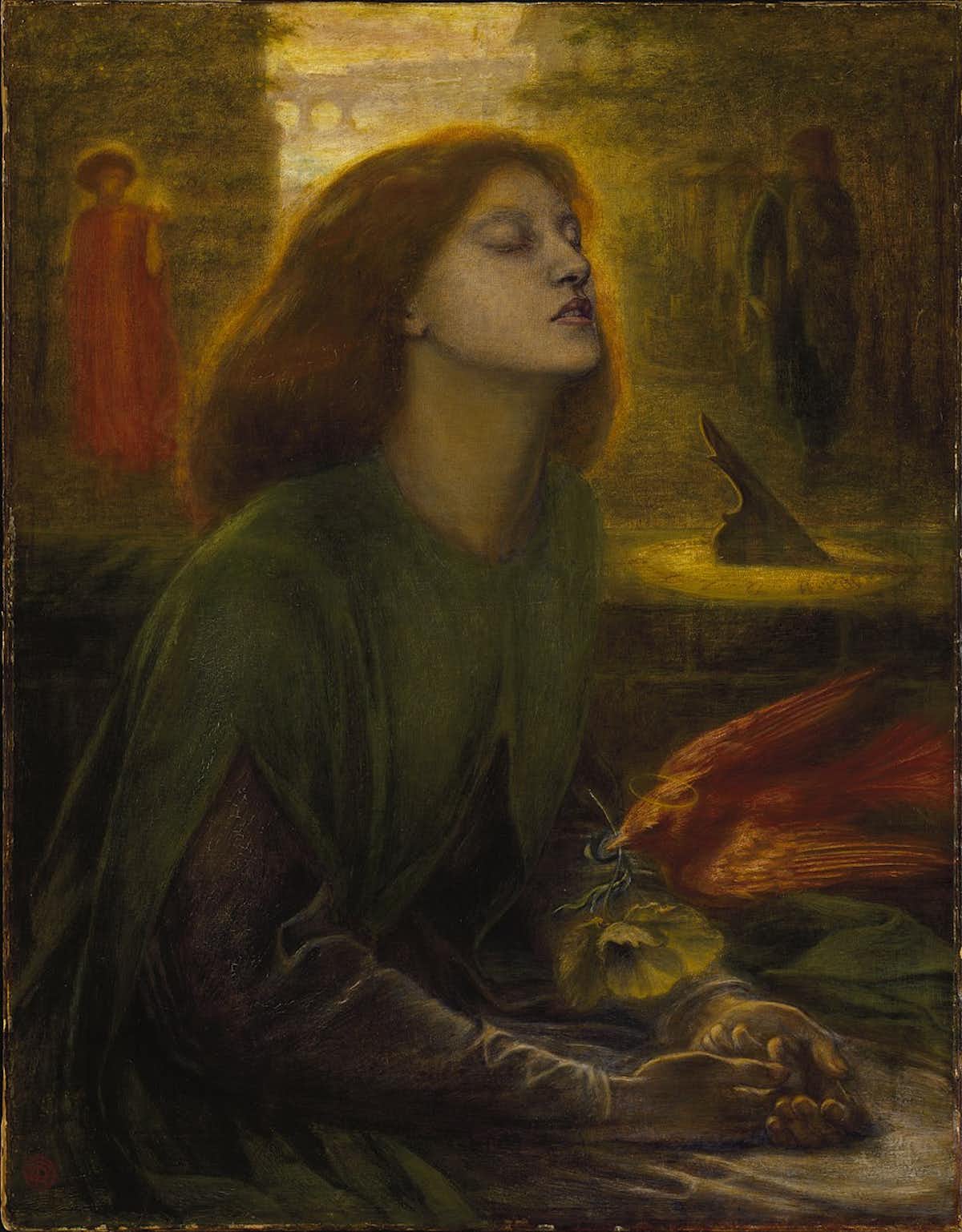 Beatrice closes her eyes and looks skyward, her palms together. She has red hair, pushed away from her face. Beata Beatrix by Dante Gabriel Rossetti (1864-70), a depiction of Dante’s Beatrice. Tate, CC BY-NC