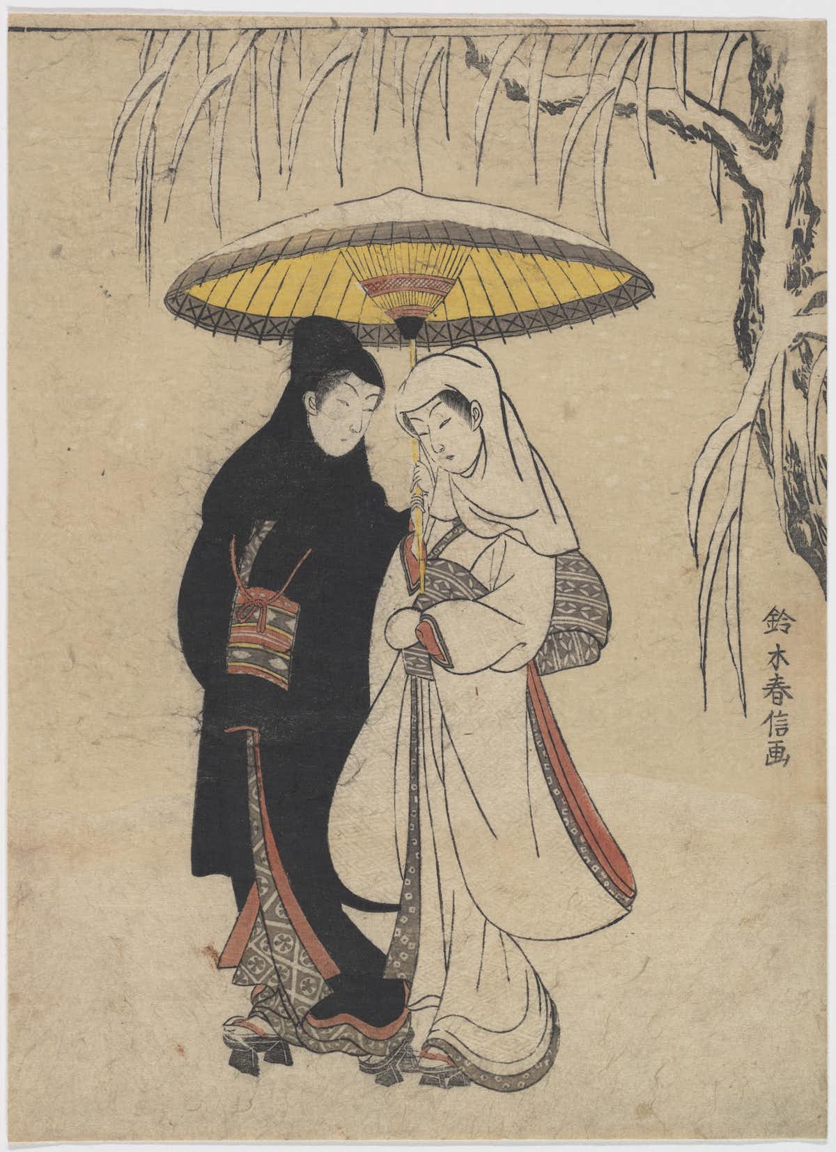 Young Lovers Walking Together under an Umbrella in a Snow Storm (Crow and Heron) by Suzuki Harunobu (c. 1769). : The Met
