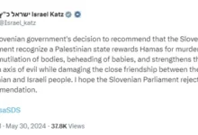 Photo of Израел се надева дека Парламентот на Словенија ќе ја отфрли препораката на Владата за признавање на палестинската држава