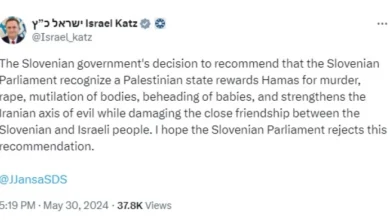 Photo of Израел се надева дека Парламентот на Словенија ќе ја отфрли препораката на Владата за признавање на палестинската држава