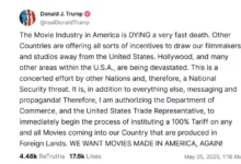Photo of Трамп се закани со воведување царини од 100 отсто на филмови произведени во странство