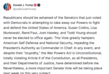 Photo of Трамп упати остри критики до сенаторите-републиканци кои гласаа за ограничување на неговите воени овластувања