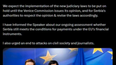 Photo of Марта Кос и ја пренесе на Брнабиќ загриженоста на ЕУ за новите судски закони усвоени од парламентот во Белград
