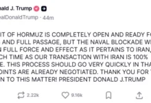 Photo of Трамп: Ормуската Теснина е отворена, но блокадата на иранските пристаништа останува