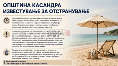 Photo of Општина Касандра на Халкидики со известување и на македонски јазик дека ќе ги отстранува незаконските поставените предмети од плажите